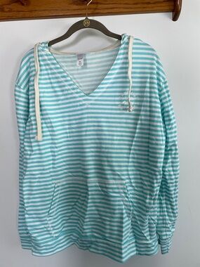 Striped V-Neck Hoodie Sweatshirt - Aqua/White